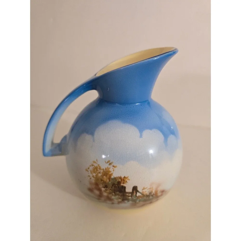 Vintage Falcon Ware England Cottage Scene Blue Ceramic Pitcher Jug 5030‎